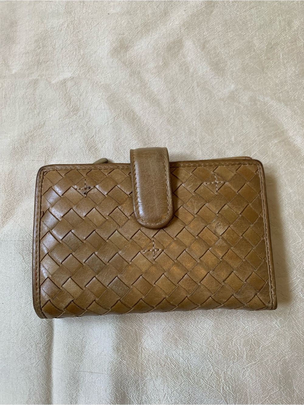 Woven Snap-Closure Leather Wallet — Warm Brown